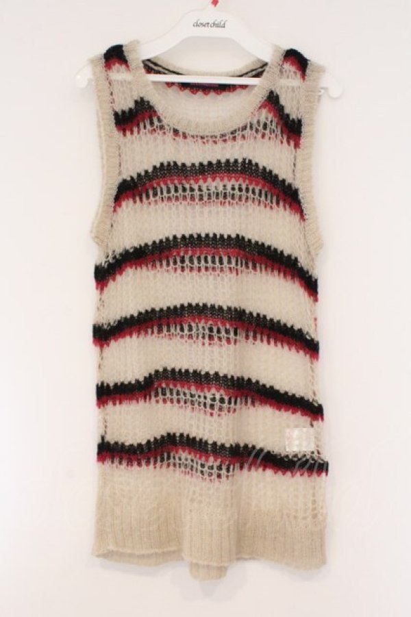 画像1: ALGONQUINS / ローゲージボーダーニットベスト F ベージュ×ブラック×レッド O-26-03-01-100-AL-TO-IG-OS (1)