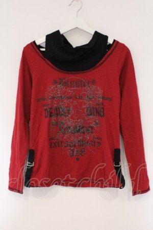 画像: ALGONQUINS / スカルプリントレイヤード風カットソー  レッド×ブラック O-26-03-01-105-AL-TO-IG-OS