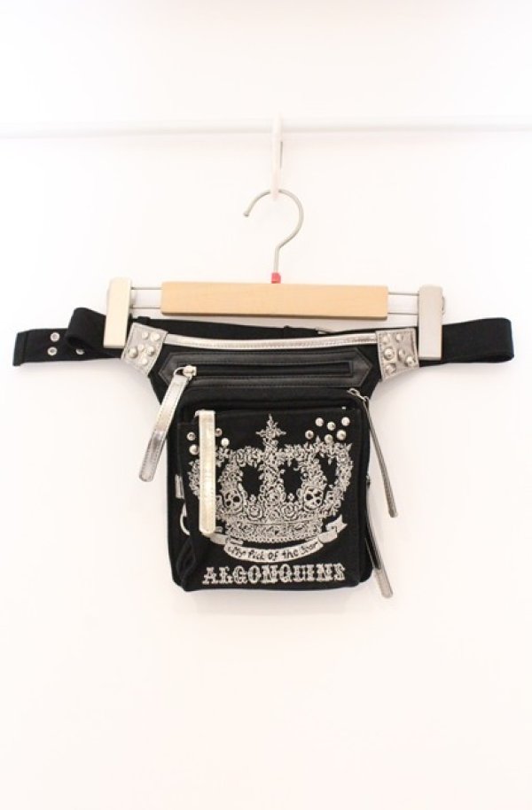 画像1: ALGONQUINS / クラウン刺繍ウエストポーチ  ブラック×シルバー O-26-03-02-014-AL-BG-IG-OS (1)