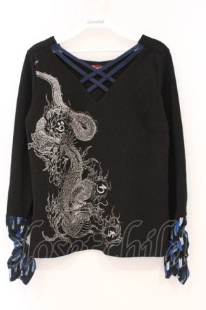 画像: Qutie Frash / インナーT  ブラック×ブルー矢絣 O-26-03-03-092-QU-TO-IG-OS