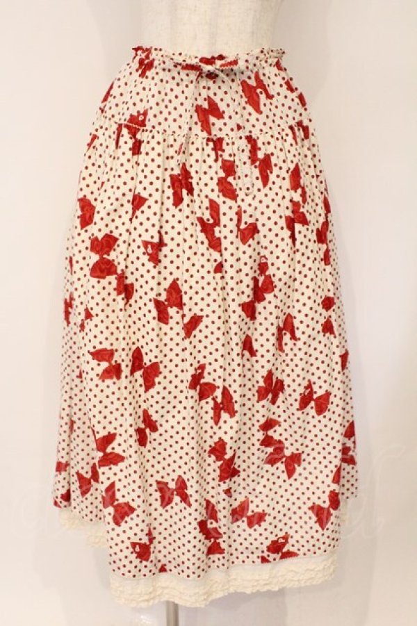 画像1: PINK HOUSE / 水玉りぼんプリントスカート  アイボリー×アカ O-26-03-03-013-LO-SK-OW-OS (1)