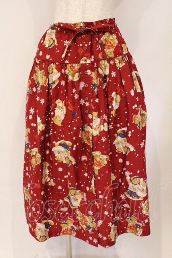 画像1: PINK HOUSE / 三つ子のくまの冬支度プリントスカート  アカ O-26-03-03-014-LO-SK-OW-OS (1)
