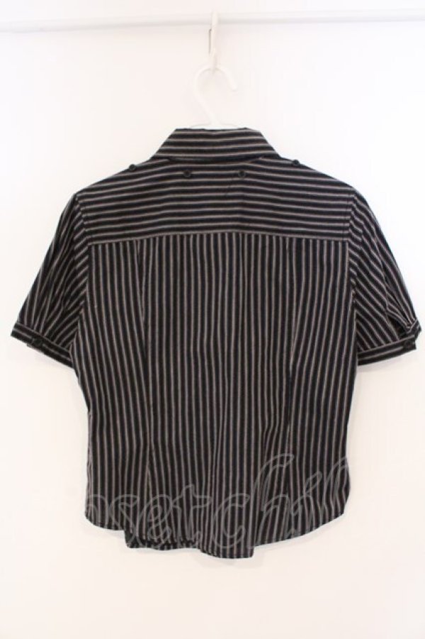 画像2: ALGONQUINS / ストライプ半袖ブラウス  ブラック O-26-03-04-051-AL-BL-IG-OS (2)