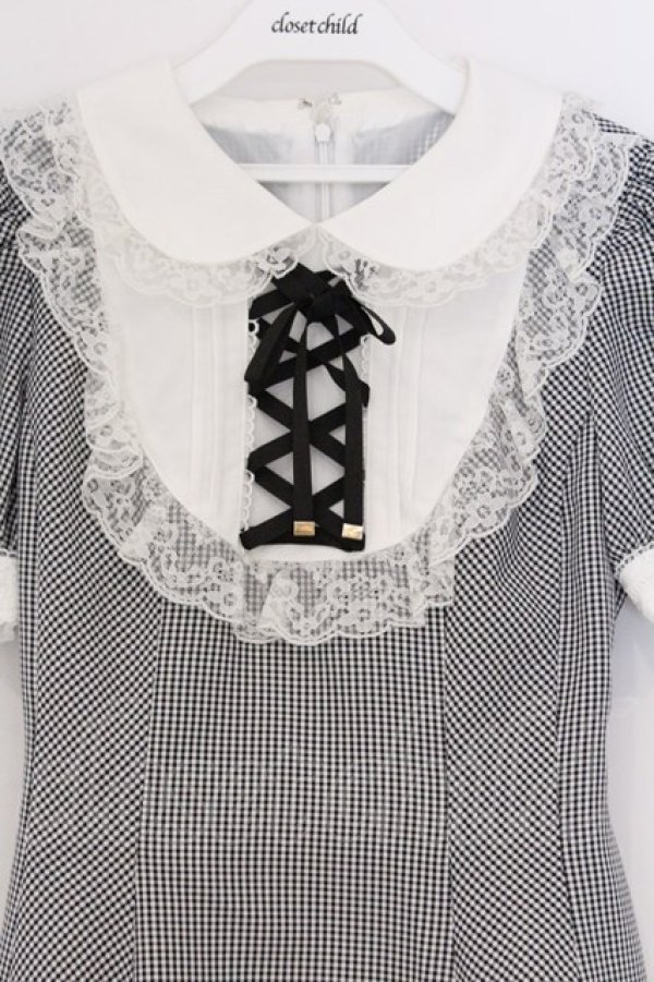 画像2: Secret Honey / レースアップギンガムワンピース 2 シロｘクロ O-26-03-07-1042-CA-OP-YM-OS (2)