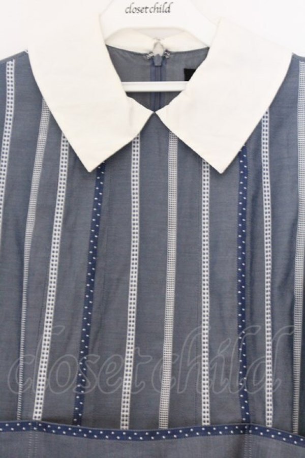 画像2: Jane Marple / Ribbon stripe jacquardのパプリックドレス M ブルーグレー O-26-03-07-1067-JM-OP-OW-OS (2)