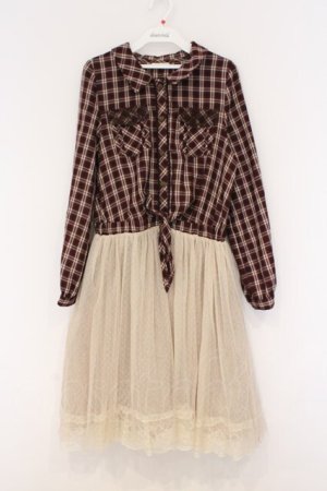 画像: axes femme / チュール切り替えシャツワンピース M ワイン×生成り O-26-03-07-1018-AX-OP-IG-OS