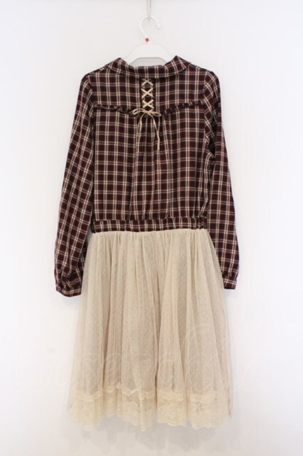画像3: axes femme / チュール切り替えシャツワンピース M ワイン×生成り O-26-03-07-1018-AX-OP-IG-OS (3)