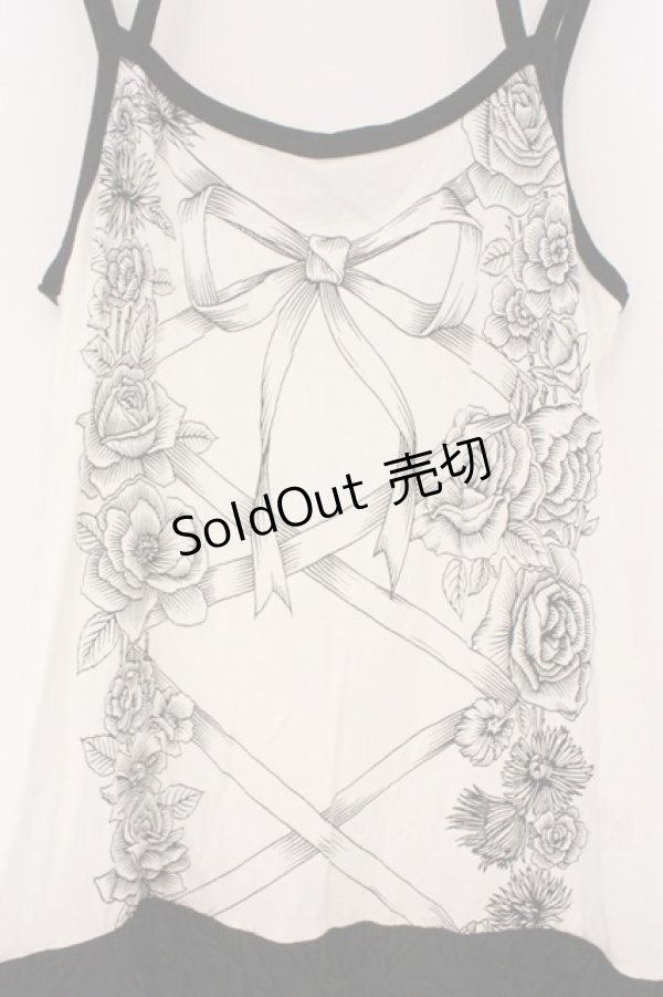 画像2: ALGONQUINS / レースアッププリントホルターキャミソール  アイボリー×ブラック O-26-03-09-038-AL-TO-IG-OS (2)