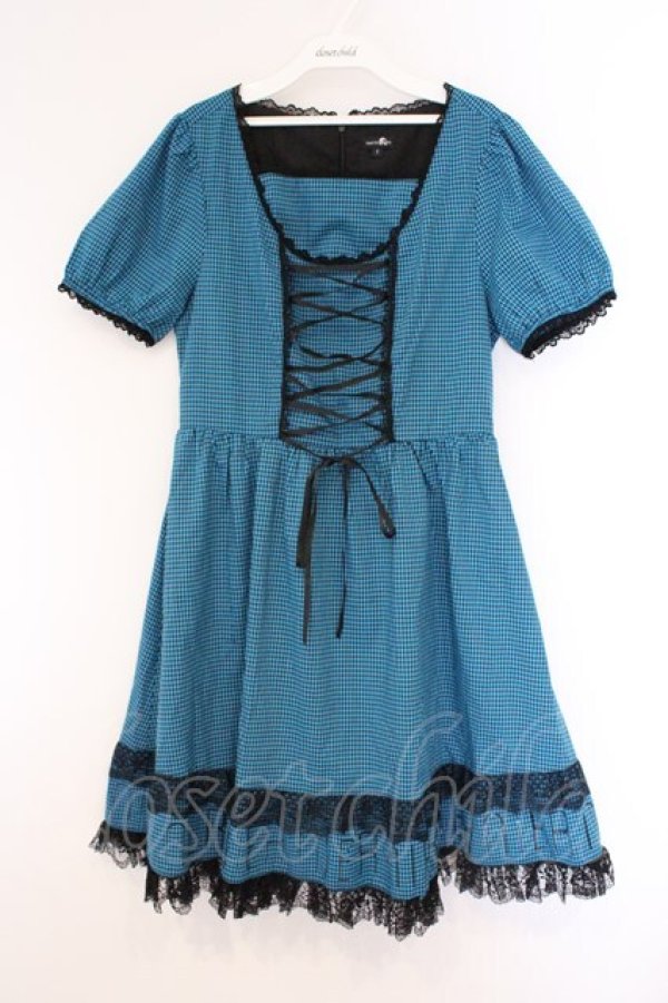 画像1: NieR Clothing / レースアップギンガムワンピース  ブルー×ブラック O-26-03-09-021-PU-OP-IG-OS (1)