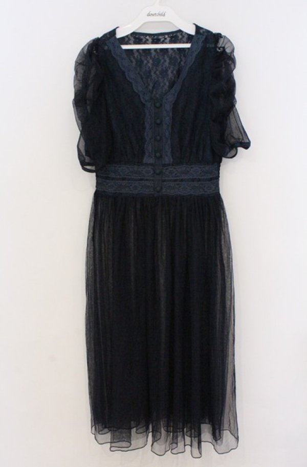 画像1: axes femme NOSTALGIE / マトン袖チュールレースワンピース  ネイビー O-26-03-16-061-AX-OP-IG-OS (1)