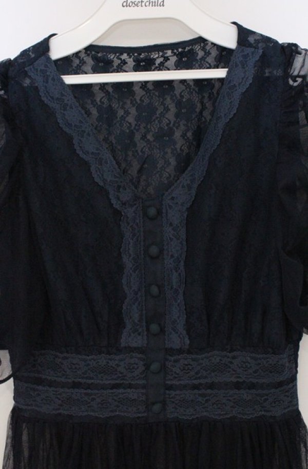 画像2: axes femme NOSTALGIE / マトン袖チュールレースワンピース  ネイビー O-26-03-16-061-AX-OP-IG-OS (2)