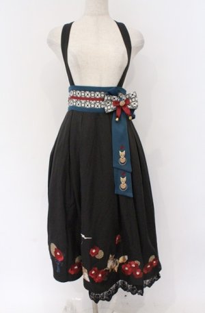 画像: Amavel / 月夜の狐と寒椿 和風スカート  クロ×ブルー O-26-03-16-081-CA-SK-IG-OS