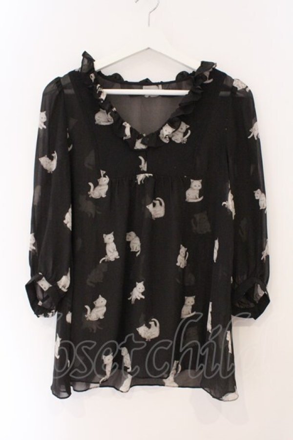 画像1: Franche Lippee / ねこptシフォンチュニック M クロ O-26-03-19-046-LO-TO-OW-OS (1)