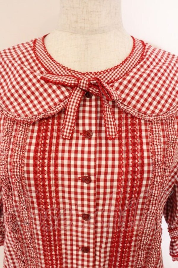 画像2: alcali / alcali × misako aoki/コットンギンガム前あきワンピース  アカ O-26-03-19-090-LO-OP-OW-OS (2)