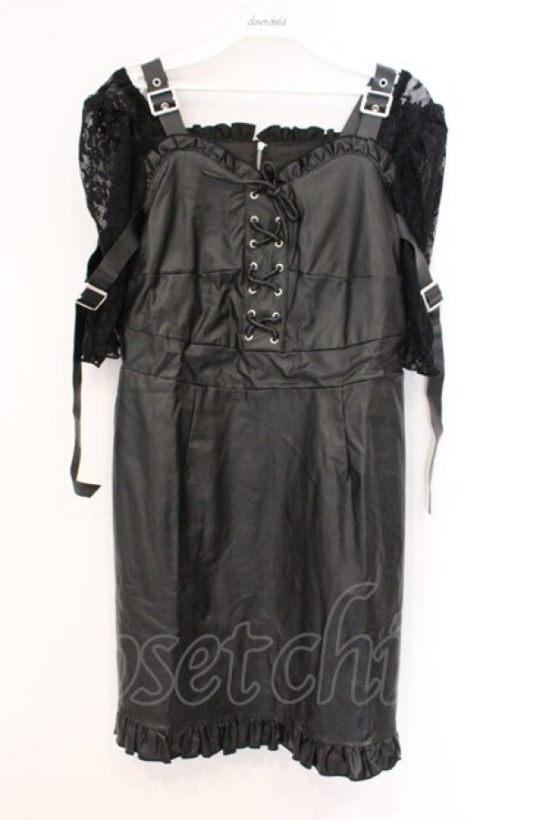 画像1: Jamie エーエヌケー / 袖レースドッキング合皮ワンピース M クロ O-26-03-21-047-LO-OP-OW-OS (1)