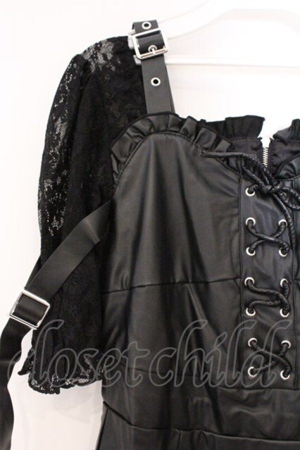 画像2: Jamie エーエヌケー / 袖レースドッキング合皮ワンピース M クロ O-26-03-21-049-LO-OP-OW-OS (2)