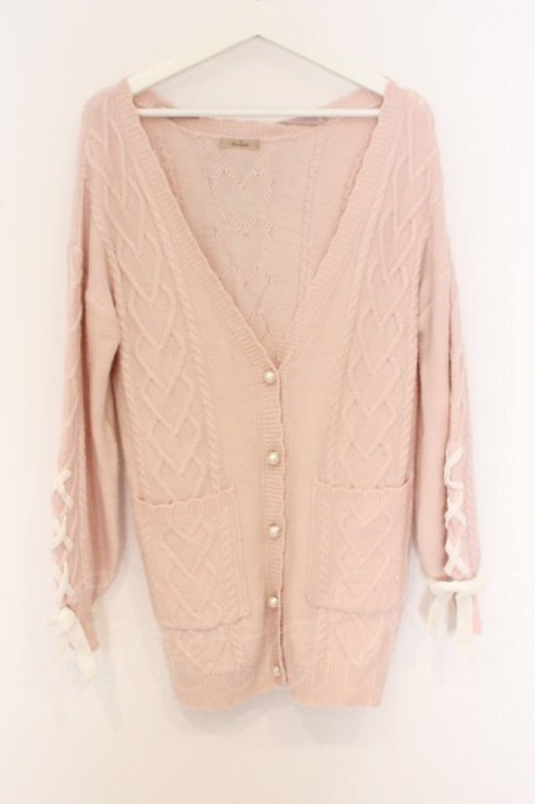 画像1: Amavel / リボン付きロングニットカーディガン F ピンク O-26-03-21-1035-CA-TO-OW-OS (1)