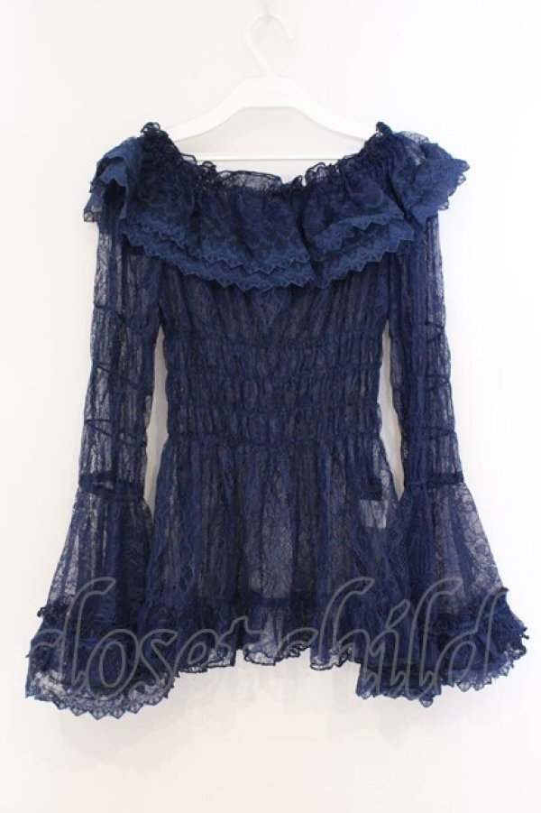 画像5: ATELIER PIERROT / Shirring Princess Sleeve Blouse-Lace-  ネイビー O-26-03-21-086-EL-BL-IG-OS (5)