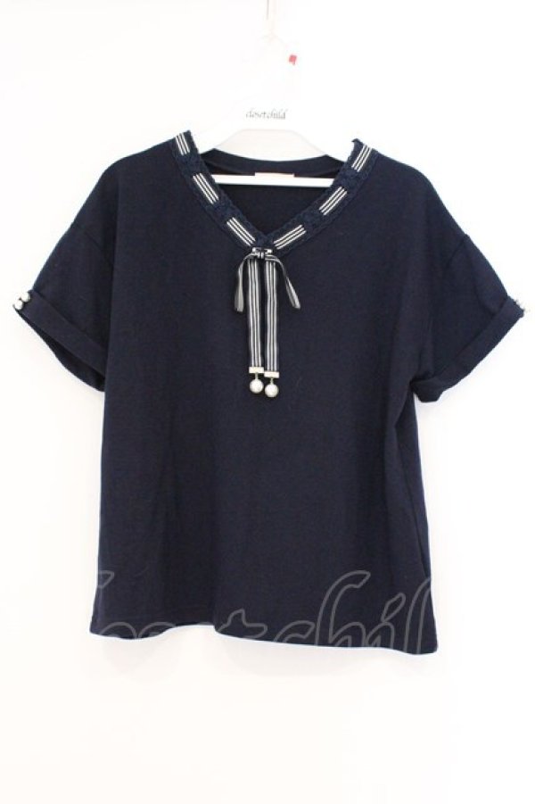 画像1: axes femme POETIQUE / ストライプリボン半袖トップス M ネイビー O-26-03-21-023-AX-TO-YM-OS (1)