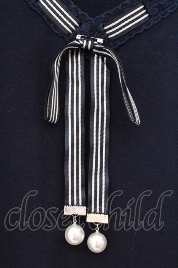 画像2: axes femme POETIQUE / ストライプリボン半袖トップス M ネイビー O-26-03-21-023-AX-TO-YM-OS (2)