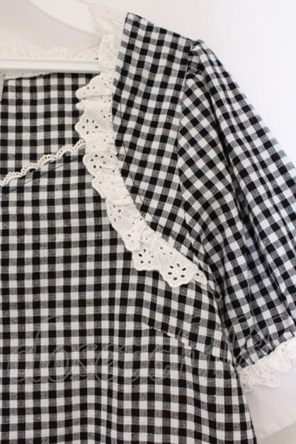 画像2: Bubbles / コットンレース配色ギンガムブラウス  クロ O-26-03-21-027-CA-BL-OW-OS (2)
