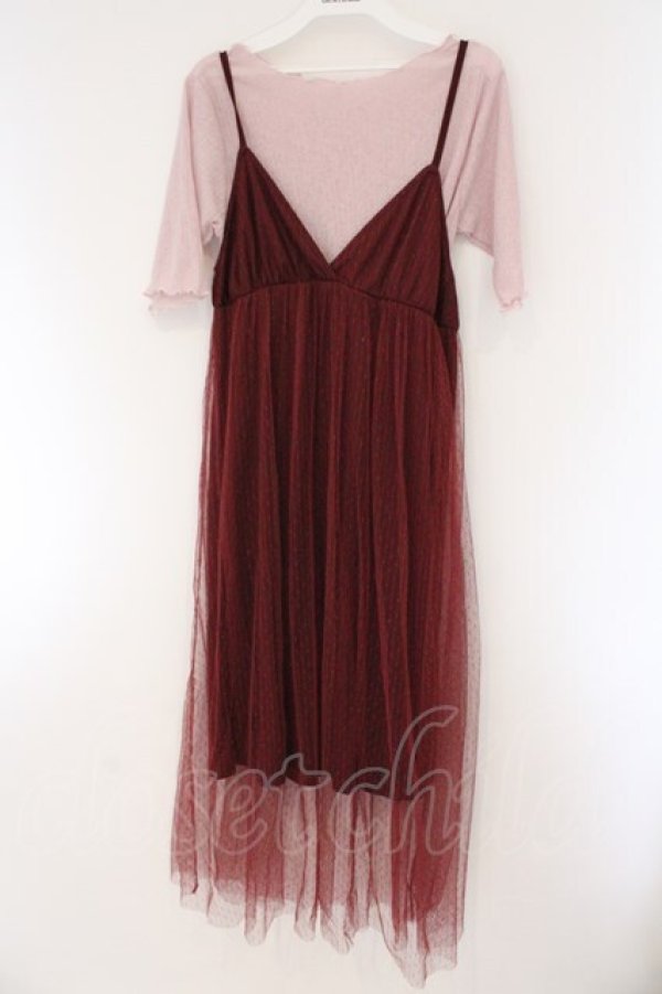 画像1: axes femme POETIQUE / インナー付ドットチュールワンピース  ワイン×ピンク O-26-03-23-042-AX-OP-IG-OS (1)