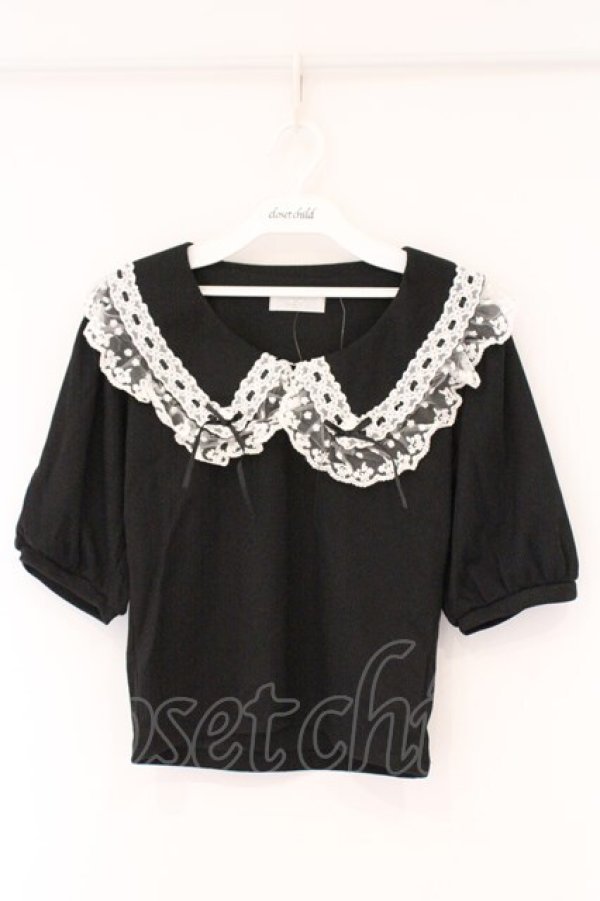 画像1: DearMyLove / レースフリル襟上品リブカットソー M クロ O-26-03-24-084-EL-TO-OW-OS (1)