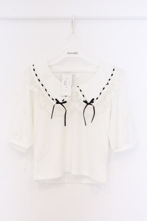 画像1: DearMyLove / レースフリル襟上品リブカットソー M シロ O-26-03-25-046-EL-TO-OW-OS (1)