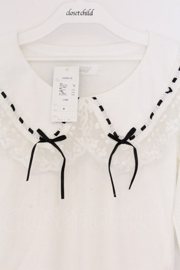 画像2: DearMyLove / レースフリル襟上品リブカットソー M シロ O-26-03-25-046-EL-TO-OW-OS (2)