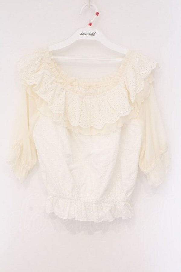 画像1: axes femme / シフォン切り替えシャーリングトップス M シロ O-26-03-29-003-AX-TO-YM-OS (1)