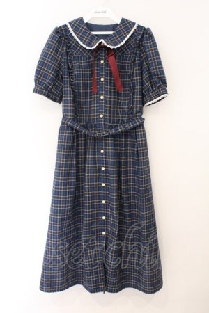 画像: Secret Honey / リボン付きタータンワンピース 2 ブルー O-26-03-31-1059-CA-OP-YM-OS