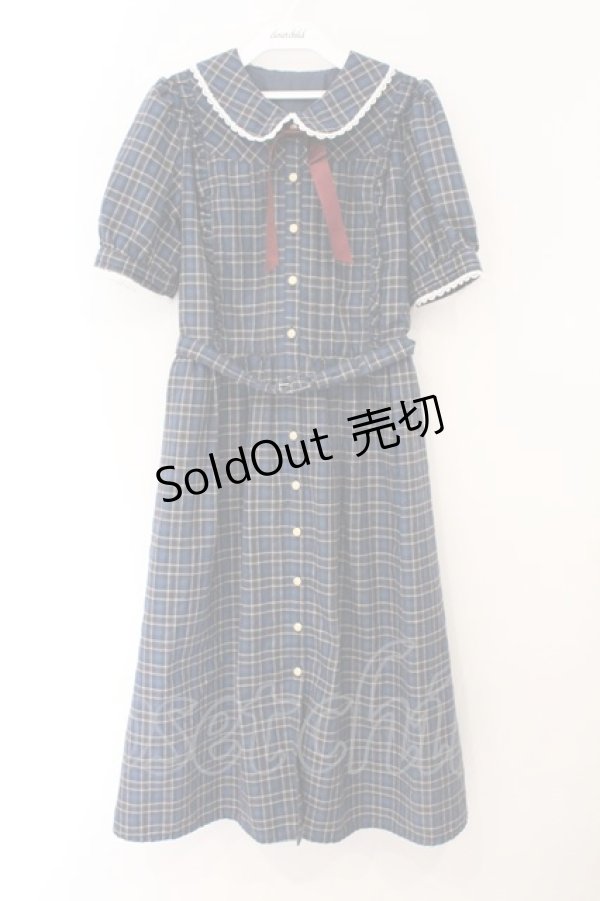 画像1: Secret Honey / リボン付きタータンワンピース 2 ブルー O-26-03-31-1059-CA-OP-YM-OS (1)