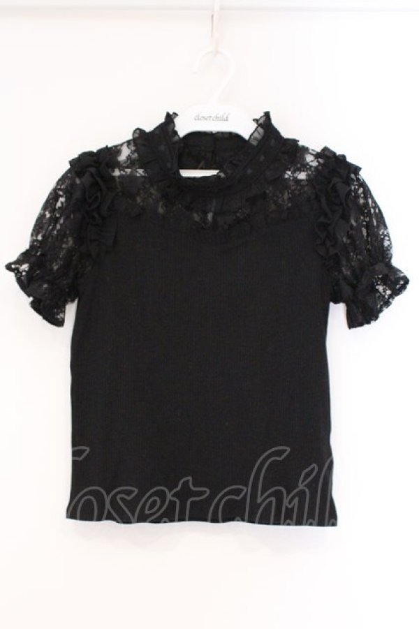 画像1: Secret Honey / レース切り替えテレコ半袖カットソー  クロ O-26-03-31-014-CA-TO-IG-OS (1)