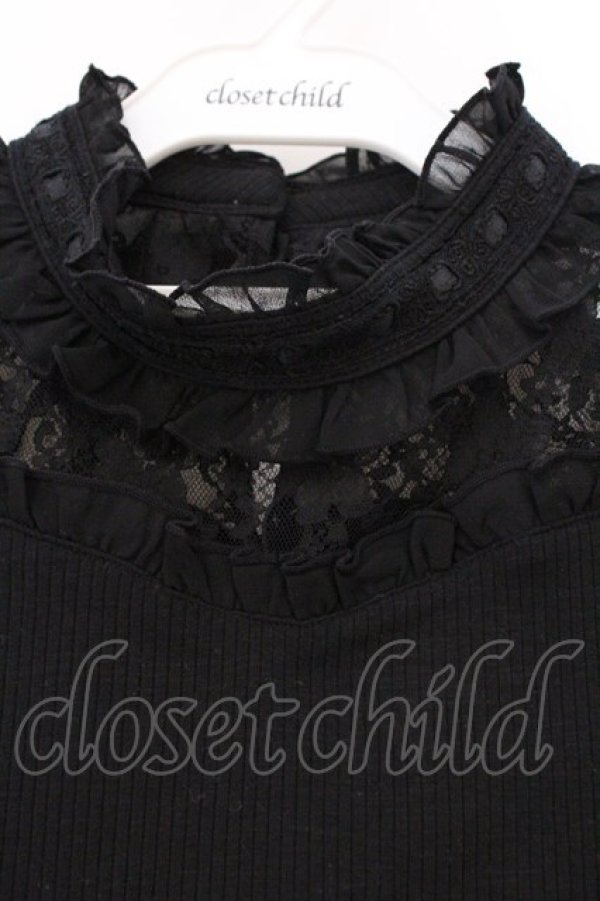 画像2: Secret Honey / レース切り替えテレコ半袖カットソー  クロ O-26-03-31-014-CA-TO-IG-OS (2)