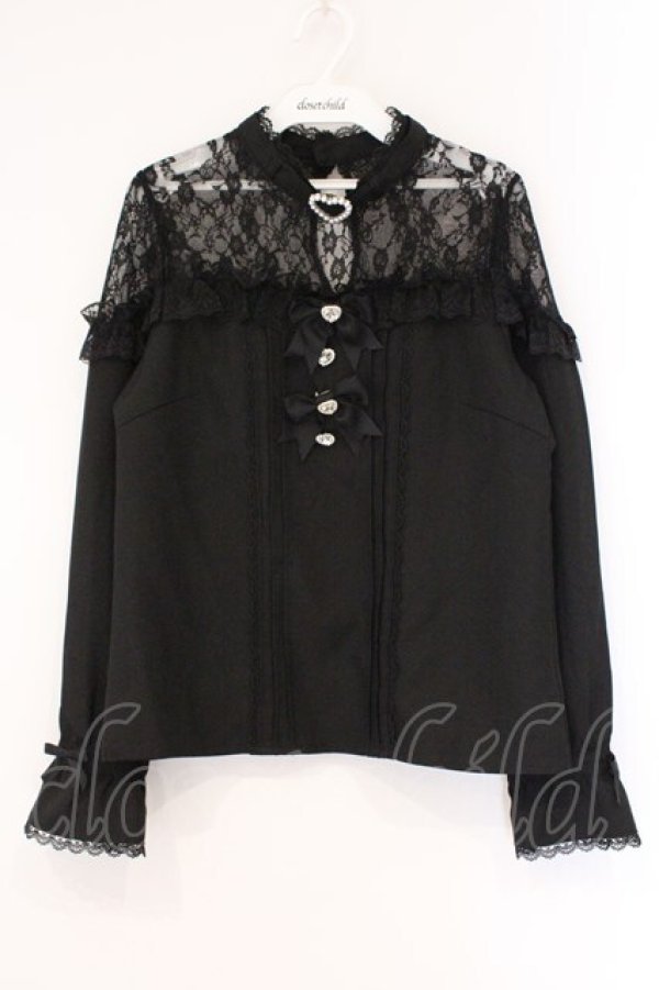 画像1: DearMyLove / ハートビジューリボンオフショル風レースブラウス M クロ O-26-03-31-018-EL-BL-IG-OS (1)