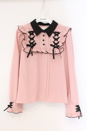 画像: DearMyLove / ハトメレースアップヨークフリルリボンブラウス M ピンク×クロ O-26-03-31-020-EL-BL-IG-OS