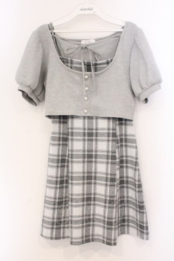画像1: evelyn / リボンチェックミニワンピース F グレー O-26-04-04-078-LO-OP-OW-OS (1)