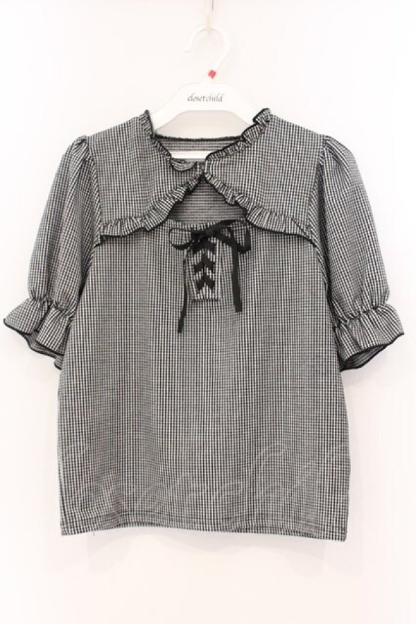 画像1: evelyn / 編み上げリブトップス  クロギンガム O-26-04-04-090-LO-TO-OW-OS (1)