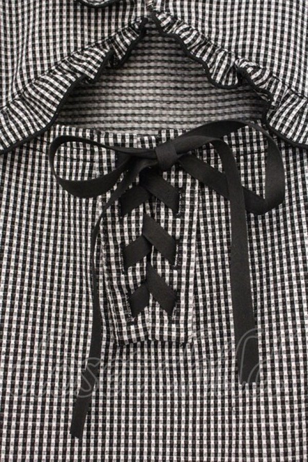 画像2: evelyn / 編み上げリブトップス  クロギンガム O-26-04-04-090-LO-TO-OW-OS (2)