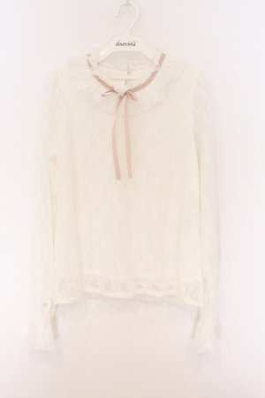 画像: DearMyLove / フリルネックレーストップス M シロ×ピンクリボン O-26-04-05-053-EL-TO-OW-OS