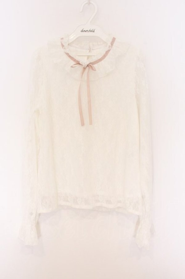 画像1: DearMyLove / フリルネックレーストップス M シロ×ピンクリボン O-26-04-05-053-EL-TO-OW-OS (1)