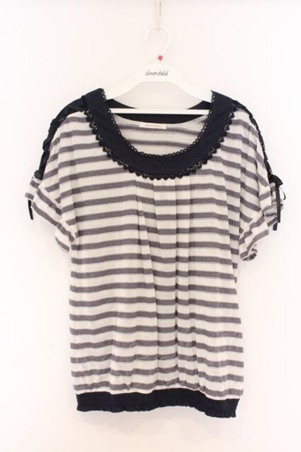 画像1: axes femme / ショルダーレースアップボーダーTシャツ M ネイビー×オフシロ O-26-04-05-008-AX-TO-IG-OS (1)