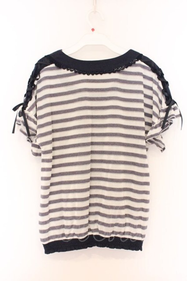 画像3: axes femme / ショルダーレースアップボーダーTシャツ M ネイビー×オフシロ O-26-04-05-008-AX-TO-IG-OS (3)