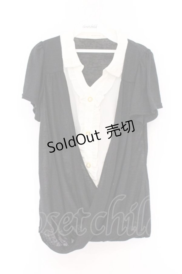 画像1: axes femme / 開衿シャツレイヤードカシュクール風Tシャツ M クロ×アイボリー O-26-04-05-012-AX-TO-IG-OS (1)