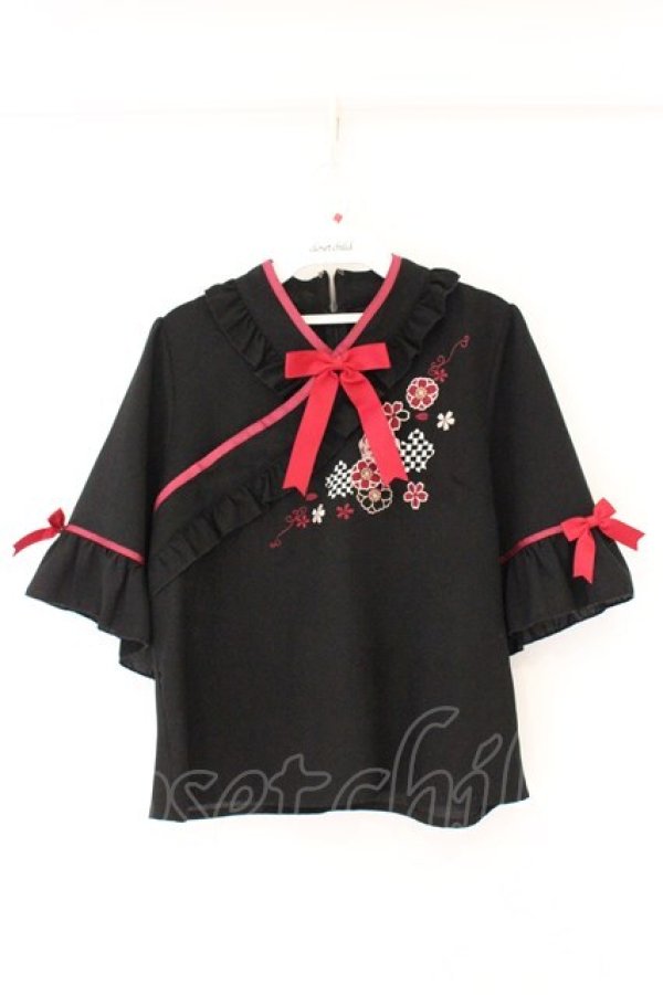 画像1: Amavel / 和刺繍フレア袖ブラウス F クロ O-26-04-06-006-CA-BL-YM-OS (1)