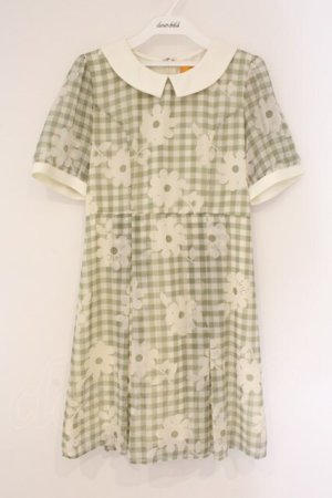 画像: Fi.n.t / マーガレットギンンガムチェックシフォン半袖ワンピース  グリーン×アイボリー O-26-04-06-103-CA-OP-IG-OS