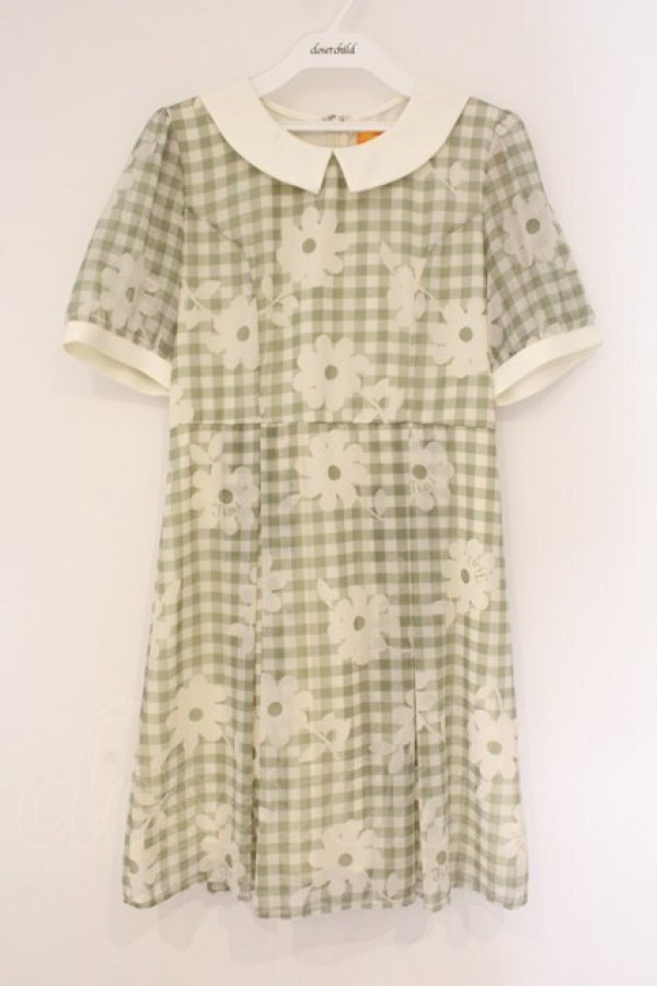 画像1: Fi.n.t / マーガレットギンンガムチェックシフォン半袖ワンピース  グリーン×アイボリー O-26-04-06-103-CA-OP-IG-OS (1)