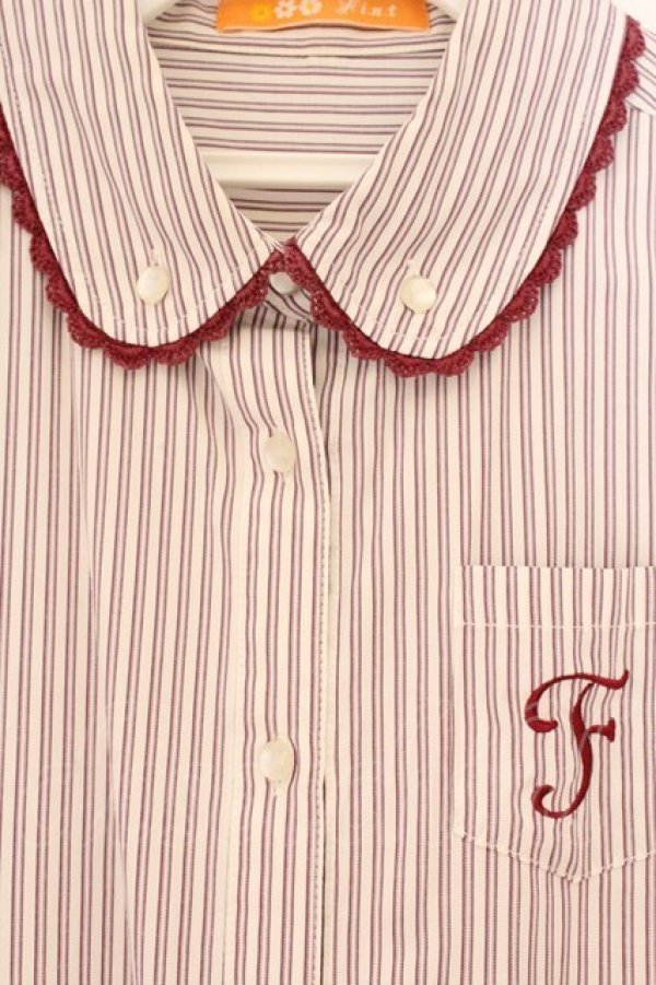 画像2: Fi.n.t / ロゴ刺繍ストライプ半袖ブラウス  ワイン×シロ O-26-04-06-020-CA-BL-IG-OS (2)