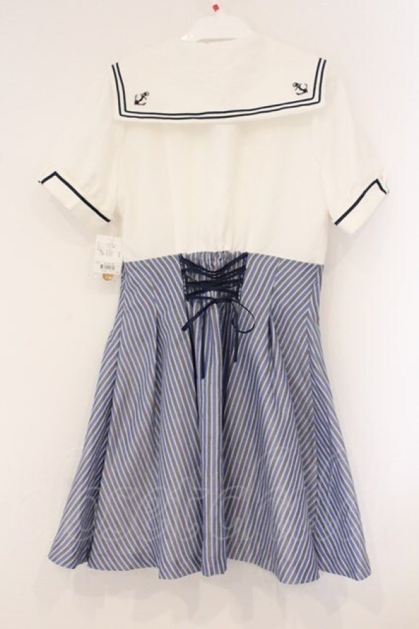 画像3: Secret Honey / ストライプセーラーワンピース 2 シロ×ブルー O-26-04-09-039-CA-OP-IG-OS (3)