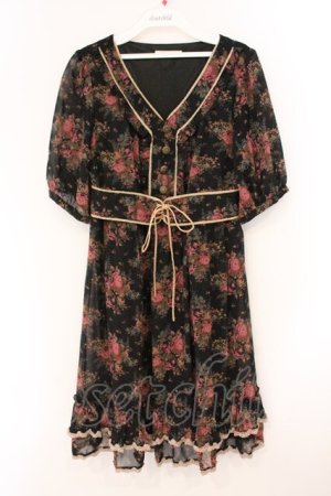 画像: axes femme / 薔薇ブーケプリントウエストベルトデザインワンピース M クロ O-26-04-09-079-AX-OP-IG-OS
